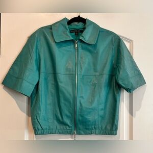 Lafayette 148 New York Leather Jacket Green/Blue‎ With Short Sleeves Size 6